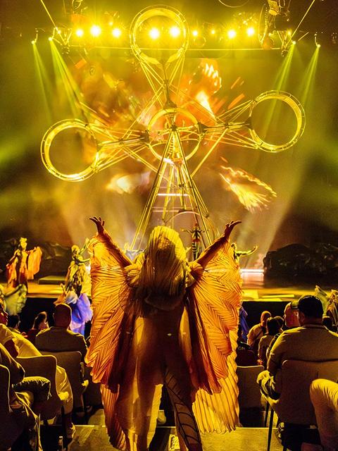 Les artistes du Cirque du Soleil, vêtus de costumes détaillés posent ensemble sur des plateformes à plusieurs niveaux sous un éclairage spectaculaire.