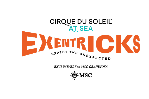 Logo Exentricks avec le slogan « Attendez-vous à l'inattendu », faisant la promotion du spectacle exclusif du Cirque du Soleil à bord du navire de croisière MSC Grandiosa.