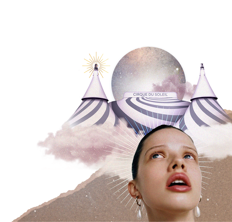 A dreamlike collage featuring Cirque du Soleil’s striped tents emerging from clouds beneath a glowing full moon. Radiating lines and soft pastel textures give the composition a magical, celestial atmosphere.
