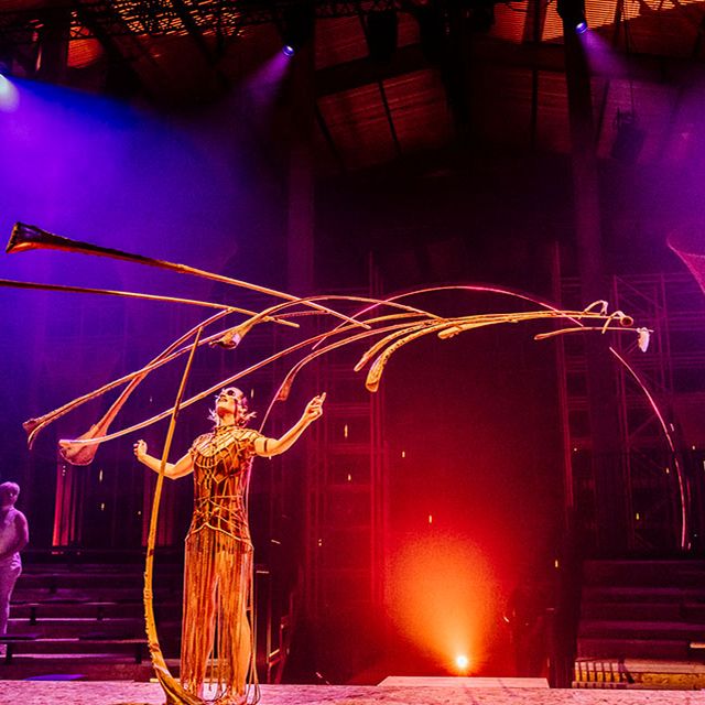 Un artiste du Cirque du Soleil vêtu d'un costume doré fait tournoyer de longs rubans fluides lors d'un spectacle dynamique.